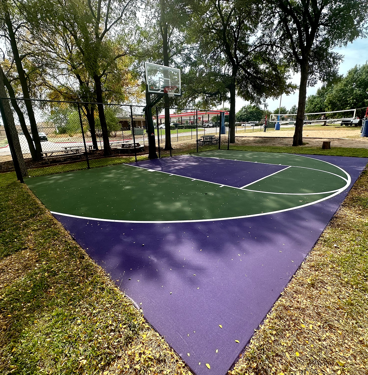 A backyard basketball court
