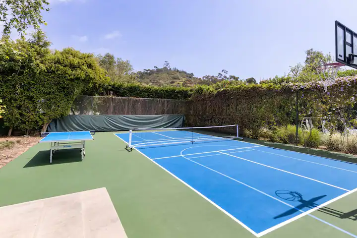 A backyard basketball court